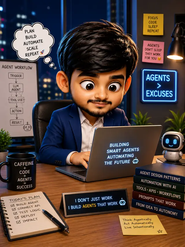 Caricature of Deepanshu Singh building AI agents at a laptop late at night