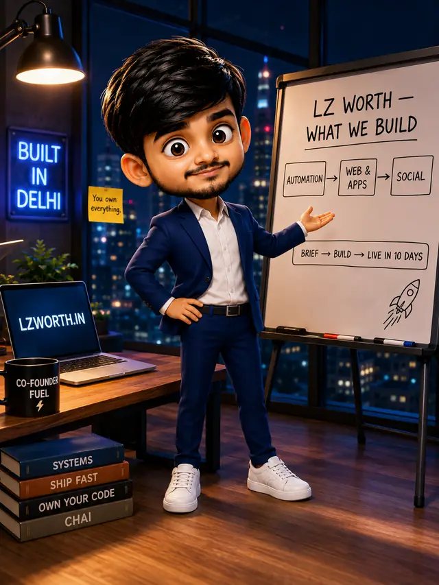 Caricature of Deepanshu Singh presenting the LZ Worth service map on a whiteboard: automation, web and apps, social