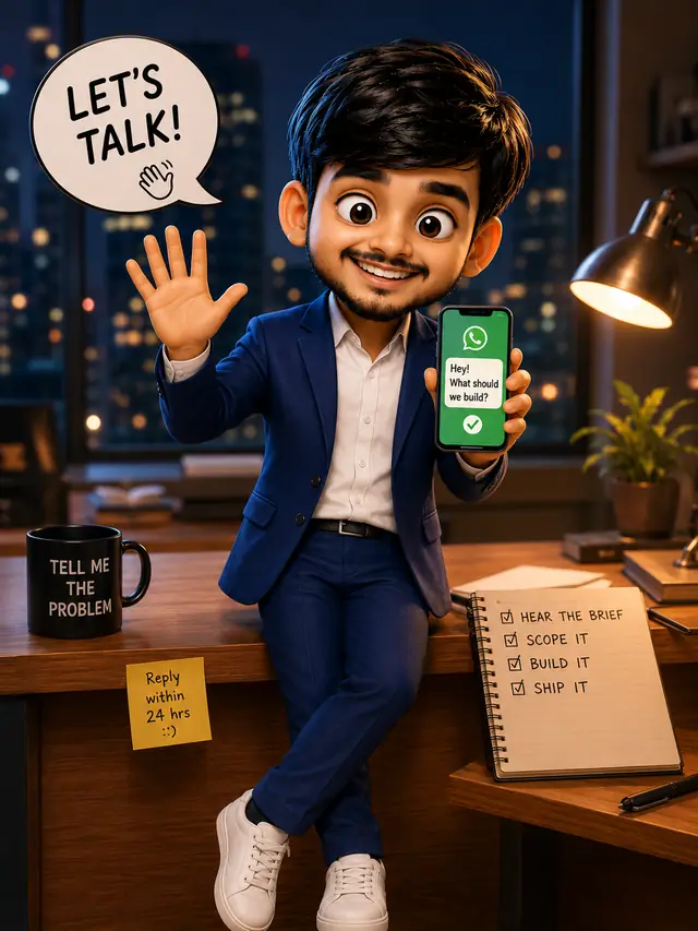 Caricature of Deepanshu Singh waving hello and holding a phone showing a WhatsApp message